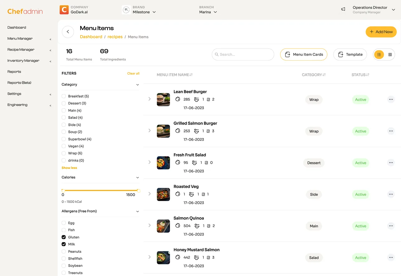 ChefAdmin allergen management — free-from filtering across menu items